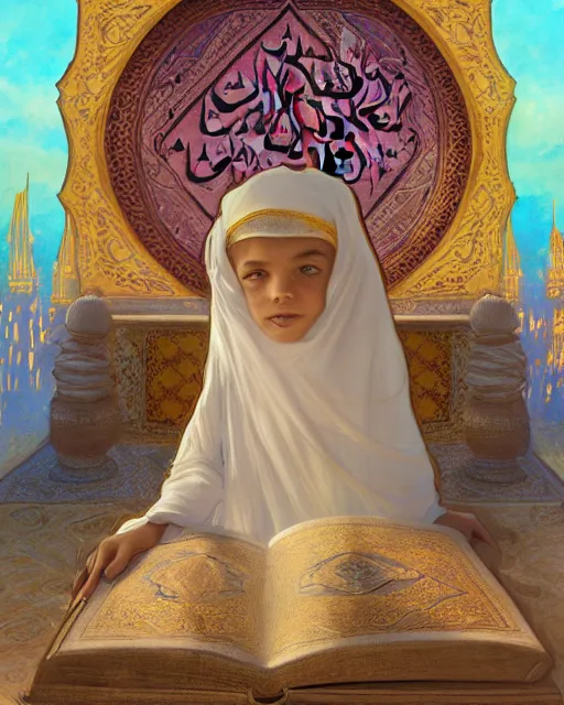 Image similar to a faceless bedouin child infront of a big open quran highly detailed, gold filigree, romantic storybook fantasy, soft cinematic lighting, award, disney concept art watercolor illustration by mandy jurgens and alphonse mucha and alena aenami, pastel color palette, featured on artstation