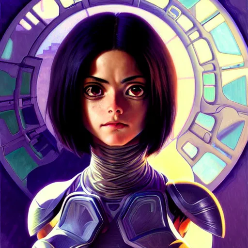 Prompt: Character Portrait of Battle Angel Alita surrounded by geometric nodes, face, fantasy, intricate, elegant, highly detailed, digital painting, artstation, concept art, smooth, sharp focus, illustration, art by Greg Manchess and Fernanda Suarez and Artem Demura and alphonse mucha