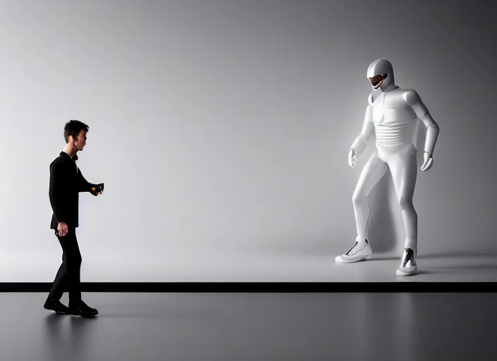 Image similar to cinematic photoshoot of clean modern hand crafted super futuristic man walking out of white pool of milk pro display xpr luxury smooth color metal white silver with black leather padding well design ultrareallistic detailed high quality 8 k photorealistic ultra realistic