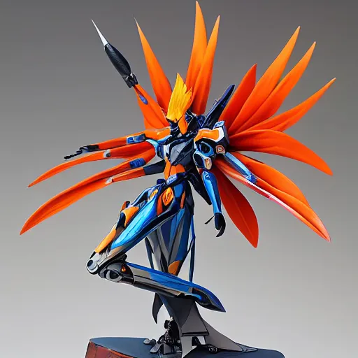 Image similar to futuristic strelitzia mecha bird of paradise body, sepals forming helmet, floral details, strelitzia, 8 k hd resolution, barbatos gundam with floral inlay, bandai box art, star wars, makoto kobayashi, frank gehry, raymond swanland