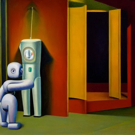 Image similar to robot overlords, grant wwood, pj crook, edward hopper, oil on canvas