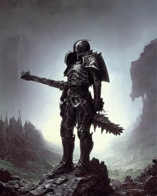 Image similar to a heavily armoured death knight standing in a battlefield of fallen, by thomas cole and wayne barlowe