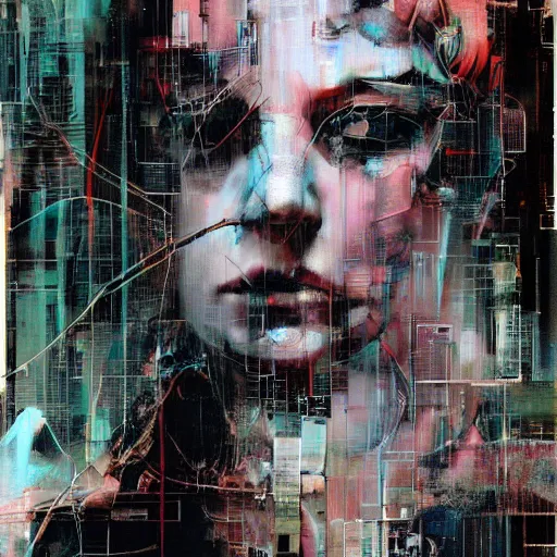 Prompt: portrait of a cyberpunk, wires, machines, in a dark future city by jeremy mann, francis bacon and agnes cecile, and dave mckean ink drips, paint smears, digital glitches glitchart c - 1 0