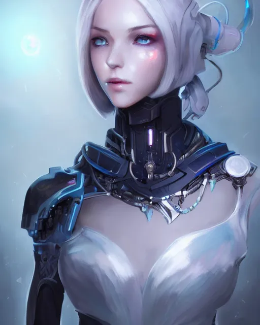 Image similar to holy cyborg necromancer girl, elegant, perfect face, scifi, futuristic, utopia, garden, illustration, atmosphere, warframe, blue eyes, white hair, artstation, nier automata, highly detailed, art by yuhong ding and chengwei pan and serafleur and ina wong