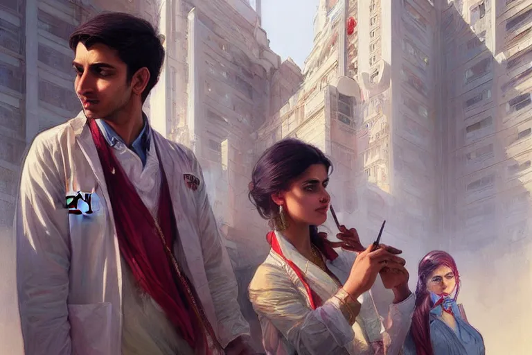 Image similar to Anxious good looking pale young Indian doctors wearing American clothes outside a hospital, portrait, elegant, intricate, digital painting, artstation, concept art, smooth, sharp focus, illustration, art by artgerm and greg rutkowski and alphonse mucha