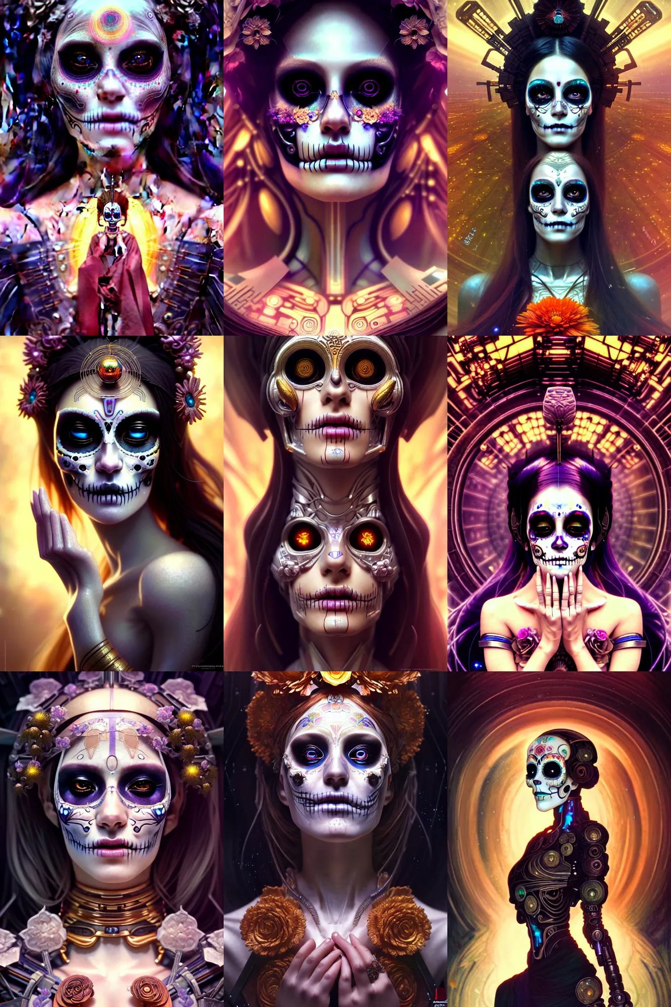 Prompt: beautiful crying android! woman deity. ethereal, elegant portrait, fantasy, anime, blade runner, pose, photorealistic, interstellar, intricate detailed environment. ( el dia los muertos ), 8 k, hd. photo by terry o'neil and artgerm and greg rutkowski and alphonse mucha and loish and wlop