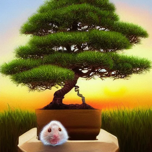 Image similar to an extremely detailed oil painting of a hamster, sitting under a bonsai tree at the sunset. colorful. trending on artstation. 4 k.