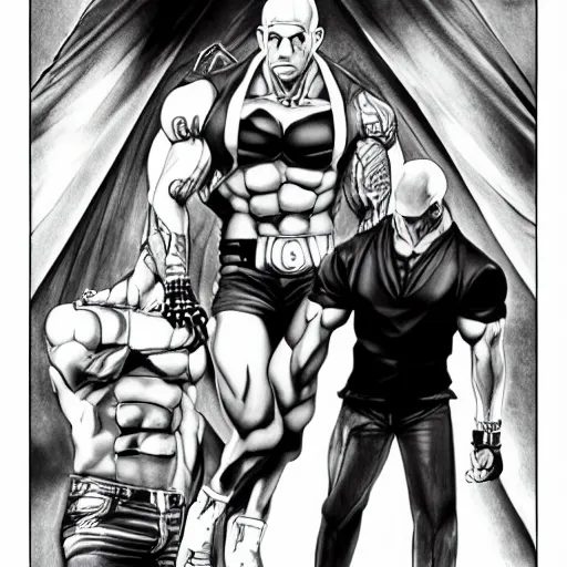 Image similar to Black and white drawing of Vin Diesel walking like a Italian model in JoJo\'s Bizzare Adventure style, highly detailed, sharp focus, 1990 manga panel, anime, ArtStation, art by Hirohiko Araki