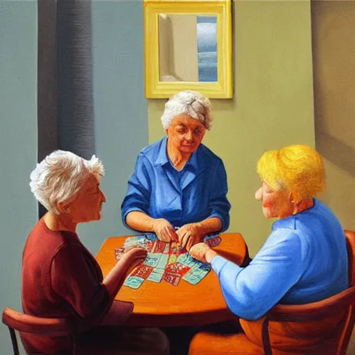 Image similar to 2 old ladies in a blue and brown shirt and a woman playing cards in a commieblock apartment, still life painting, high detail, oil painting