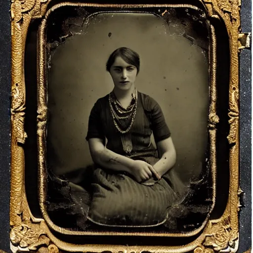 Image similar to Tintype photograph of Saoirse Ronan as a Irish ethnographic subject. 1920s studio lighting.