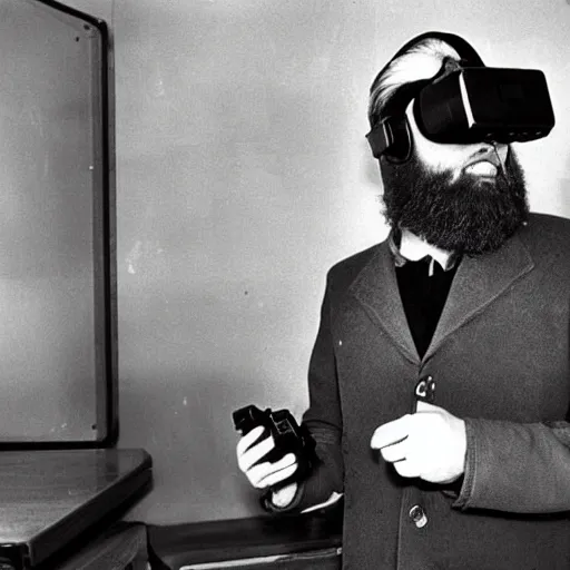 Image similar to old photograph of a russian researcher with a soviet virtual reality headset, russia, 1 9 7 6, ussr, hyper detailed