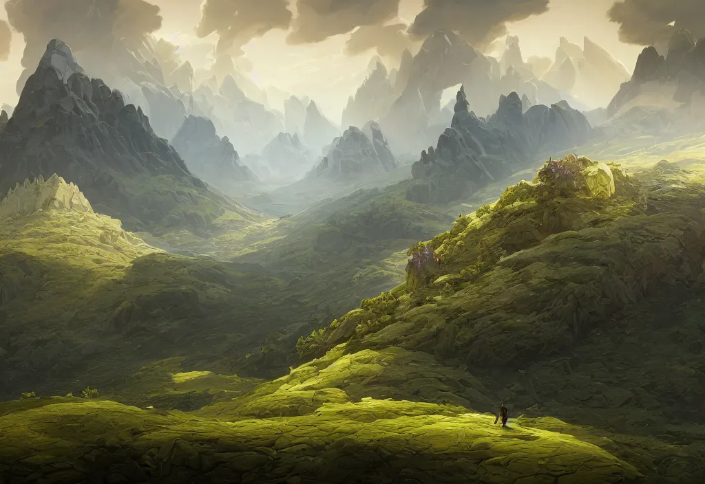 Image similar to mountain landscape without people, high trees, top of the hill, above low layered clouds, deep focus, fantasy, intricate, elegant, highly detailed, digital painting, artstation, concept art, matte, sharp focus, illustration, hearthstone, art by rhads and artgerm and greg rutkowski and alphonse mucha. gediminas pranckevicius