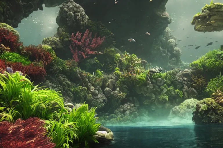 Prompt: dramatic landscape of an underwater garden habitat in the shade. intricate subnautica base, trending on cgsociety, peaceful atmosphere, natural volumetric lighting, exaggerated detail, wide angle, octane render, raytraced realistic