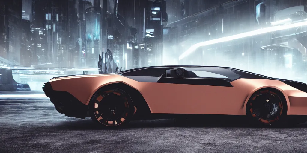 Image similar to a design of a futuristic DMC Delorian, designed by Polestar, blade runner background, back view, light copper car paint, black windows, sportscar, black show room, dramatic lighting, octane rendering, unreal engine rendering, hyper realistic render, depth of field, octane rendering