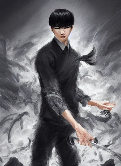 Image similar to a highly detailed illustration of attractive korean man with bowl cut black hair wearing shirt and tie with foggy giant black mist claws, wielding giant black mist claws pose, tired expression, black mist surrounding background, intricate, elegant, highly detailed, centered, digital painting, artstation, concept art, smooth, sharp focus, league of legends concept art, wlop.