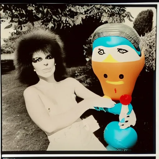 Prompt: 1976 glamorous middle aged woman wearing an inflatable toy head in a small village full of inflatable digestive organs, 1976 French film archival footage technicolor film expired film 16mm Fellini Doris Wishman new wave John Waters movie still