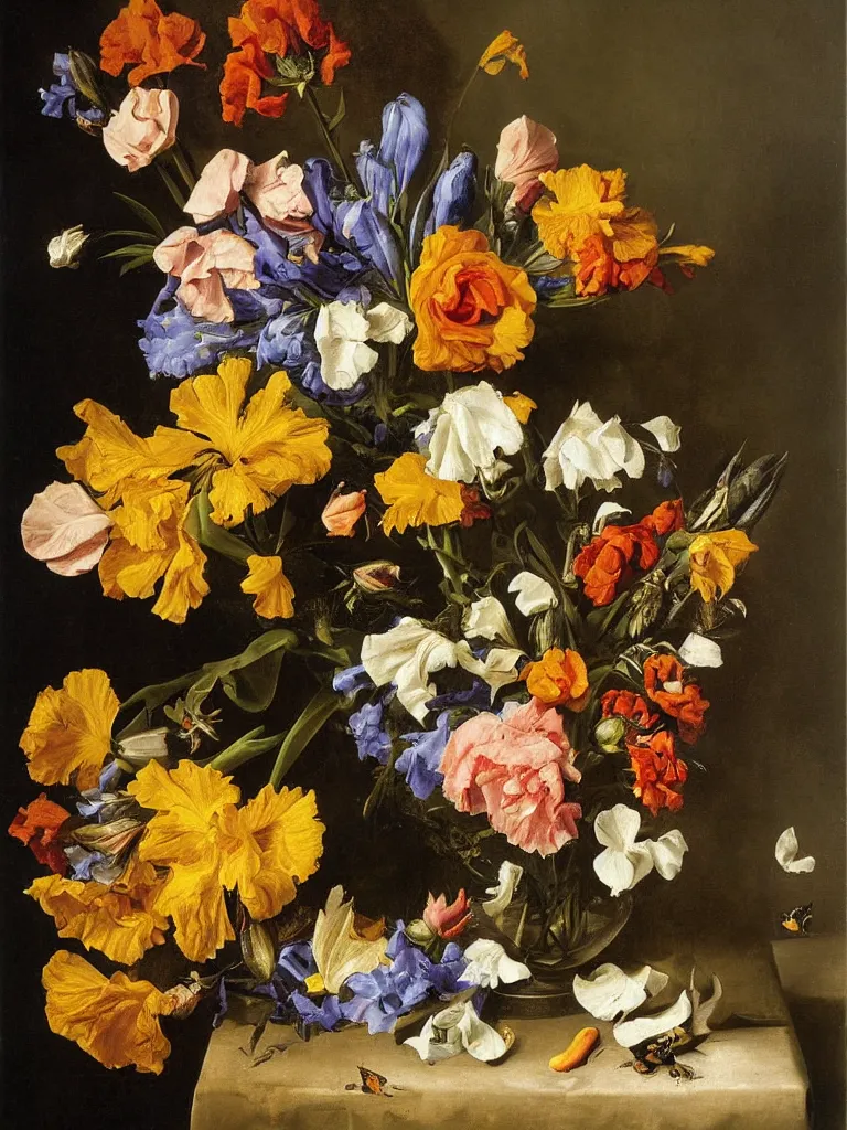 Prompt: painting, Dutch style, old masters, Jan Davidszoon de Heem, still life with flowers, iris, marigold, rose, lilies, butterfly, bees,