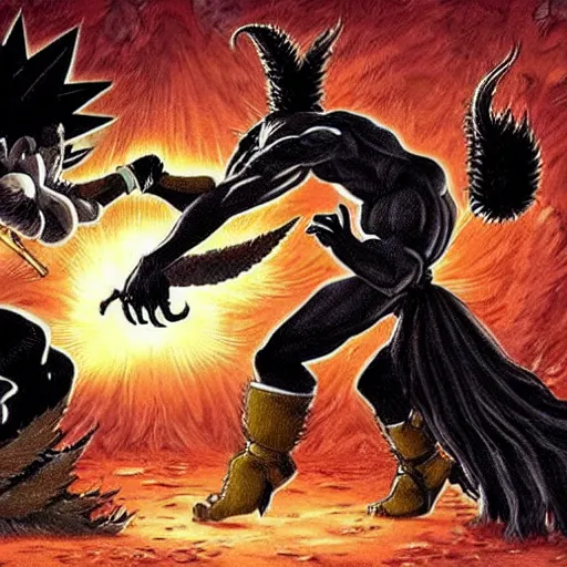 Image similar to Baphomet fistfighting a savage woman with wild spiky black Saiyan hair, dark dungeon, bloody walls, fantasy art, absurd quality