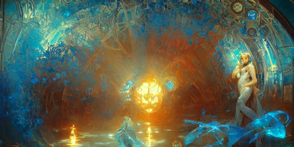 Image similar to arcs of blue flame intertwined with water, glinting particles of ice, dramatic lighting, steampunk, bright neon, holographic secret cyphers, red flowers, solar flares, intricate art by alphonse mucha and greg rutkowski