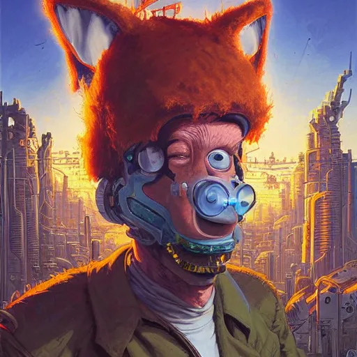 Prompt: fry futurama furry cyberpunk apocalyptic portrait by gaston bussierre and charles vess and james jean and erik jones and rhads, inspired by rick and morty, epic, funny, huge scale, beautiful fine face features, intricate high details, sharp, ultradetailed