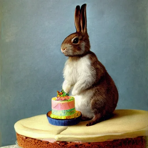 Prompt: a rabbit holding a birthday cake in the style of fanny brate