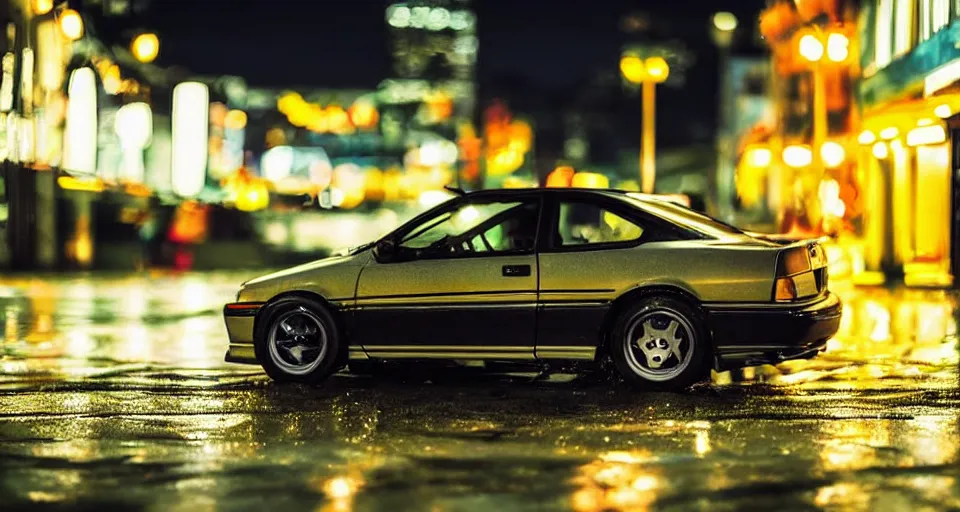 Image similar to close up macro shot of a honda prelude car on wet city street at night intricate hyper detailed smooth high contrast neon volumetric li