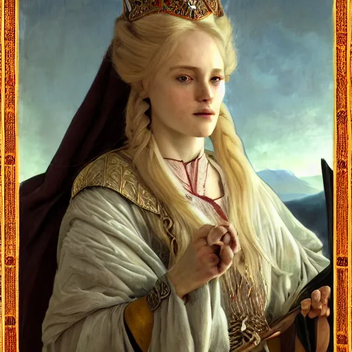 Image similar to a highly detailed portrait of a medieval icelandic princess, beautiful detail and color, art by john collier and albert aublet and krenz cushart and artem demura and alphonse mucha, volumetric lighting, octane render, 4 k resolution, matte, sharp focus, illustration, art by jacque - louis david, baroque style