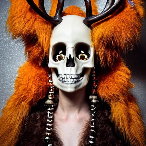 Image similar to a photographic portrait of a anthropomorphic norse mythology mimosa, wearing furry clothes and artifact head gear made of deer horn and skull bones embaded with jewels in the style of heilung an experimental folk music band, elegant, highly detailed, hyper realism, 4k, DSLR, artstation, smooth, sharp focus, octane render, 3d, good clear quality, lighting, biology, symmetrical artwork, perfect face, high detail, octane render