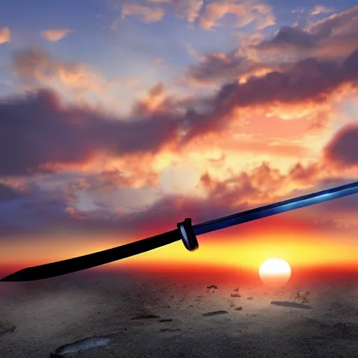 Image similar to a floating sword in front of a sunrise, extremely realistic and beautiful