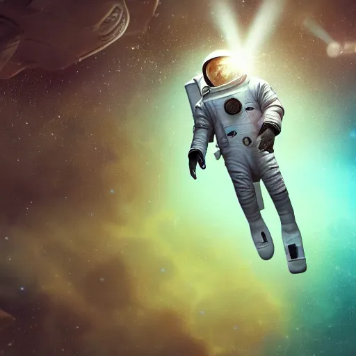 Image similar to an astronaut floating horizontally in the middle of deep underwater being hit by sun rays, trending on art station, atmosphere, concept art, photo realistic, high detailed