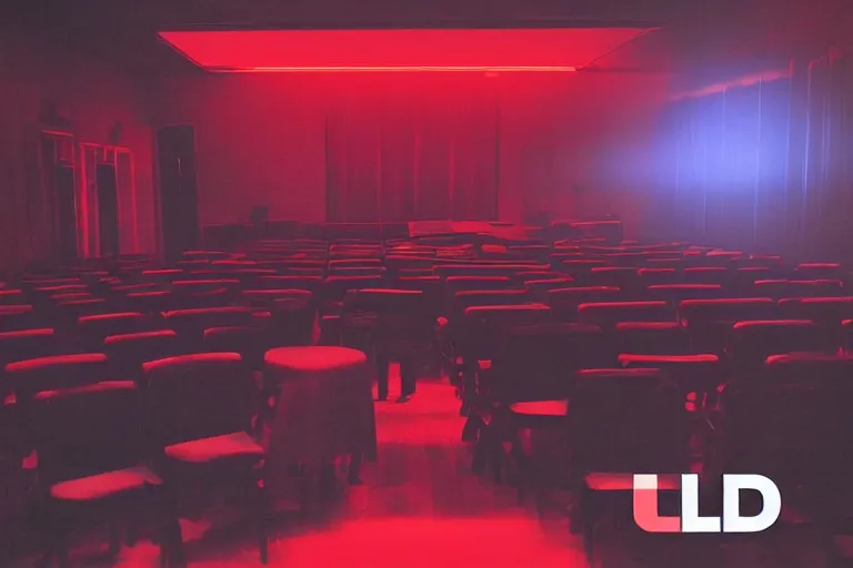 Image similar to a dark conference hall, half full, atmospheric and obscure, red neon light, by roger deakins, cinematography, syd mead