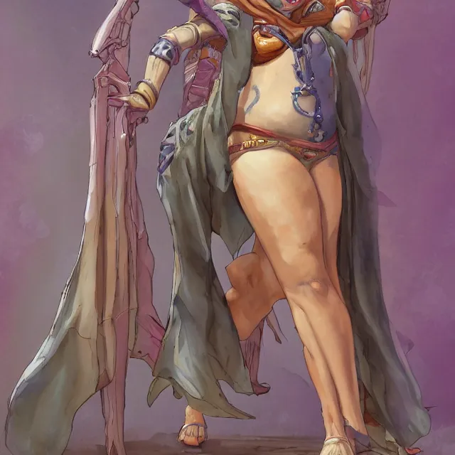 Prompt: a oil / watercolor painting full body character portrait of a irrational, uneducated female half - djinn heretic. she has a curvy build. her wardrobe is plain. in the style of moebius in the style of leonard boyarsky trending on artstation deviantart pinterest detailed realistic hd 8 k high resolution