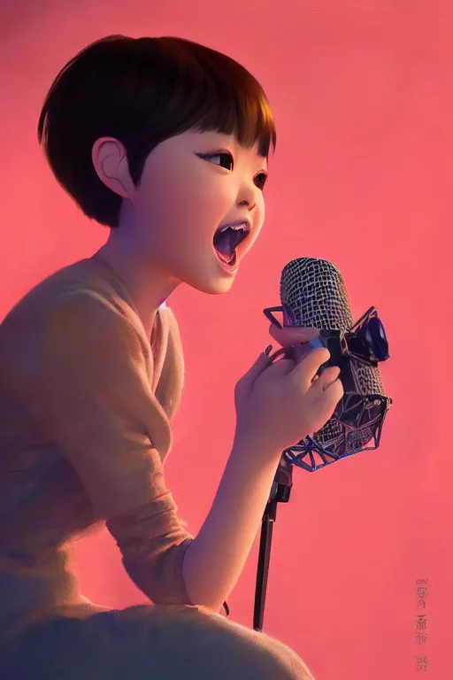 Image similar to a painting of cute Asian girl singing, short hair, in the style of DreamWorks animation, low angle view, 16mm lens, award winning, hyper detailed, dramatic lighting, artstation, octane renderer, unreal engine