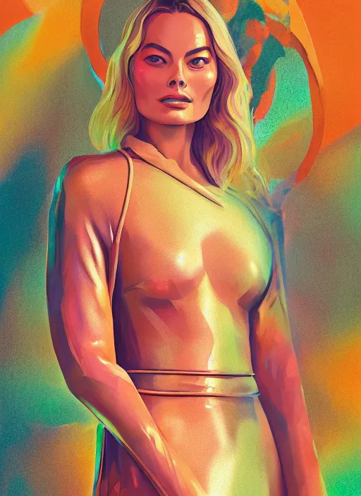 Image similar to Liang Huatao detailed Illustration of gorgeous Margot Robbie in a Solarpunk leather robe, accurate anatomy, abstract sun in background, shiny soft skin, soft lighting, sharp details, warm colors, studio portrait, 35 mm film, subsurface scattering, lens flare