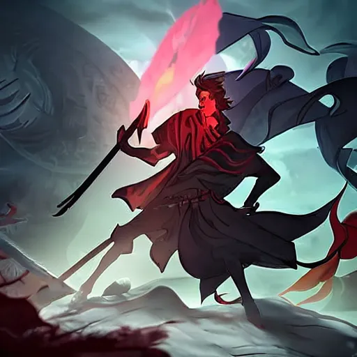 Prompt: Zagreus holding a sword, facing off against Hades wielding a spear, in a dramatic battle, cinematic, heavenly dramatic lighting