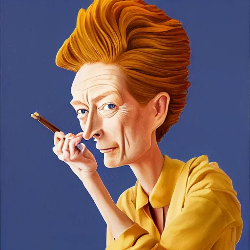 Prompt: an oil painted caricature of a young tilda swinton with a cuban cigar in her hand, blowing out smoke, by salvador dalí, trending on art station, 4K, studio ghibli color scheme