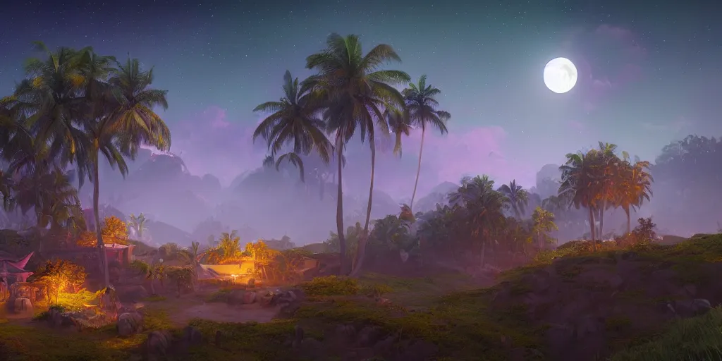 Image similar to Lively moonlit landscape of a kerala village, realistic detailed digital art by Maxwell Boas Jessica Rossier Christian Dimitrov Anton Fadeev trending on Artstation CGSociety rendered in Unreal Engine 4k HQ