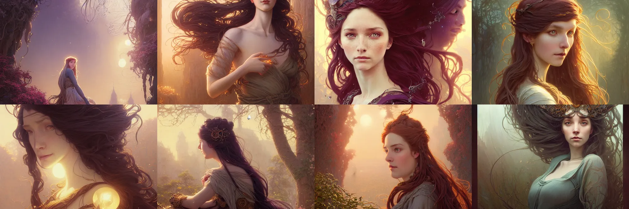 Image similar to highly detailed portrait of a woman with long hairs, stephen bliss, unreal engine, fantasy art by greg rutkowski, art nouveau, loish, rhads, ferdinand knab, makoto shinkai and lois van baarle, ilya kuvshinov, rossdraws, tom bagshaw, alphonse mucha, global illumination, radiant light, detailed and intricate environment