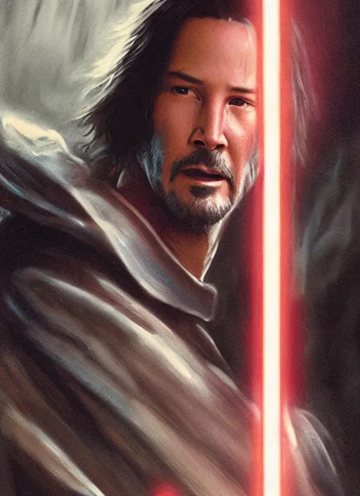 Prompt: close - up keanu reeves as a jedi holding a lightsaber, greg rutkowski, 8 k, shallow depth of field, intricate detail, concept art,