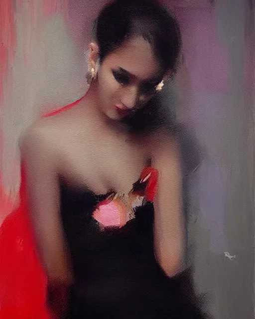 Image similar to beautiful portrait painting an gorgeous delhi girl wearing a little black dress at a nightclub, red lighting, oil painting, art by ruan jia