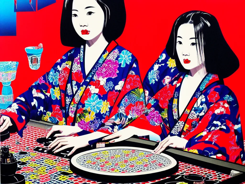 Image similar to hyperrealistic composition of the detailed woman in a japanese kimono sitting at a extremely detailed poker table with hyperdetailed darth vader, fireworks, mountain fuji on the background, pop - art style, jacky tsai style, andy warhol style, acrylic on canvas