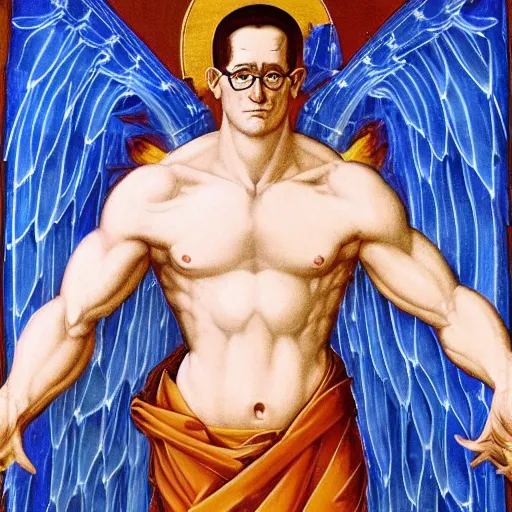 Image similar to waist - up shot, hank hill wearing a white toga, emerging from blue fire, surrounded by blue flames, renaissance religious painting, late gothic religious paintings, byzantine religious art, painting by duccio di buoninsegna and carlo crivelli, trending on artstation