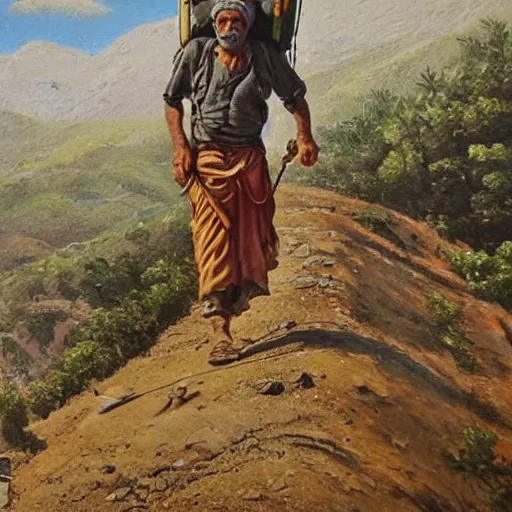 Image similar to kurdish man walking up a mountain with a huge backpack on with bags of rice attached on, beautiful painting by henry justice ford, incredible detail, award winning art