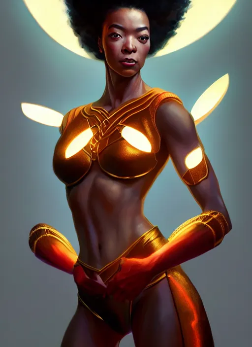 Image similar to portrait of modern darna, sonequa martin - green, intricate, elegant, glowing lights, highly detailed, digital painting, artstation, glamor pose, concept art, smooth, sharp focus, illustration, art by wlop, mars ravelo and greg rutkowski