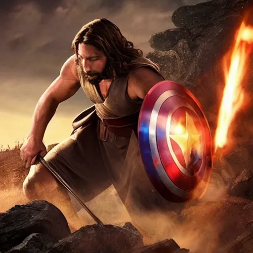 Image similar to jesus christ fighting alongside the avengers, using his cross as weapon, photorealistic, cinematic lighting, extremely detailed, marvel cinematic universe