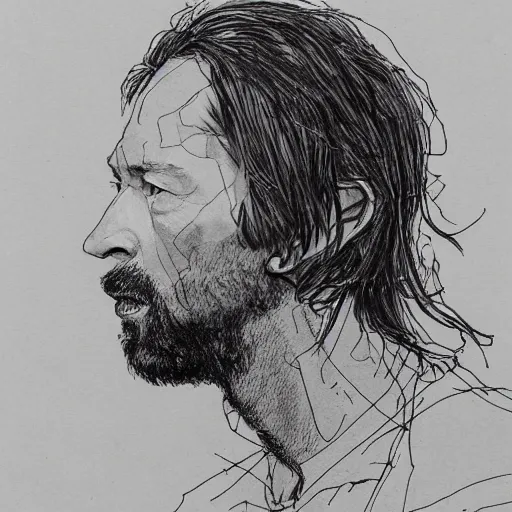 Image similar to a realistic yet scraggly portrait sketch of the side profile of a stern and sophisticated thom yorke, trending on artstation, intricate details, in the style of frank auerbach, in the style of sergio aragones, in the style of martin ansin, in the style of david aja, in the style of mattias adolfsson