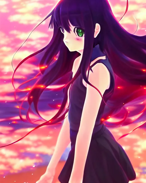 Image similar to anime style, vivid, expressive, full body, 4 k, painting, a cute magical girl with a long wavy black hair, stunning, realistic light and shadow effects, centered, simple background, studio ghibly makoto shinkai yuji yamaguchi