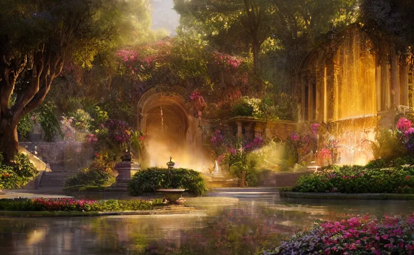 Image similar to Beautiful eden garden, next to a fountain and a mystical palace, intricate, elegant, volumetric lighting, digital painting, highly detailed, artstation, sharp focus, illustration, concept art, ruan jia, steve mccurry