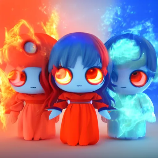 Image similar to cute fumo plushes of a set of red and blue twins who are masters of fire and ice magic respectively, outline glow, particle simulation, blue and orange lens flare, vray