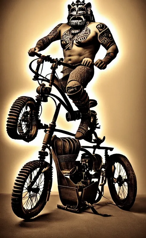 Prompt: old vintage full body photo of ancient aztec jaguar warrior with full beard riding vintage punk engine with one wheel, extreme sports photography ,super high speed photography, dynamic photography,symmetrical face, clean face, muscular body, high speed,dirt and grawel in air, lens flares, dust partiles in the air, dramatic lighting, intricate, highly detailed, centered, smooth, sharp focus, sports photography, old photo, black and white, sepia, cinematic lighting, cinematic angle, national geographic